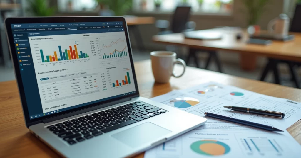 Mesa com notebook aberto mostrando sistema de gestão de estoque digital e planilha impressa ao lado com estoque manual