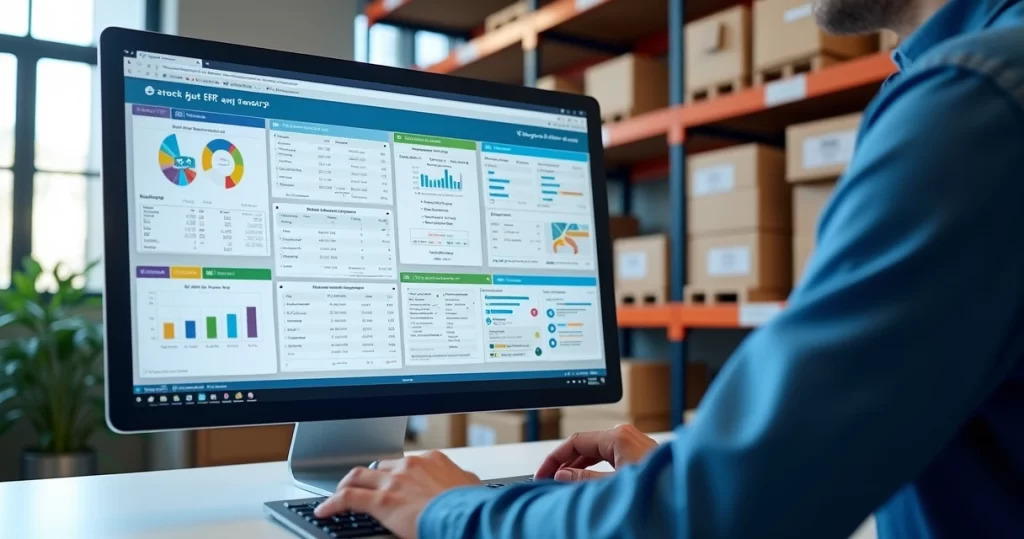 Tela de sistema ERP exibindo controle de estoque detalhado para loja de autopeças com gráficos e listas organizadas