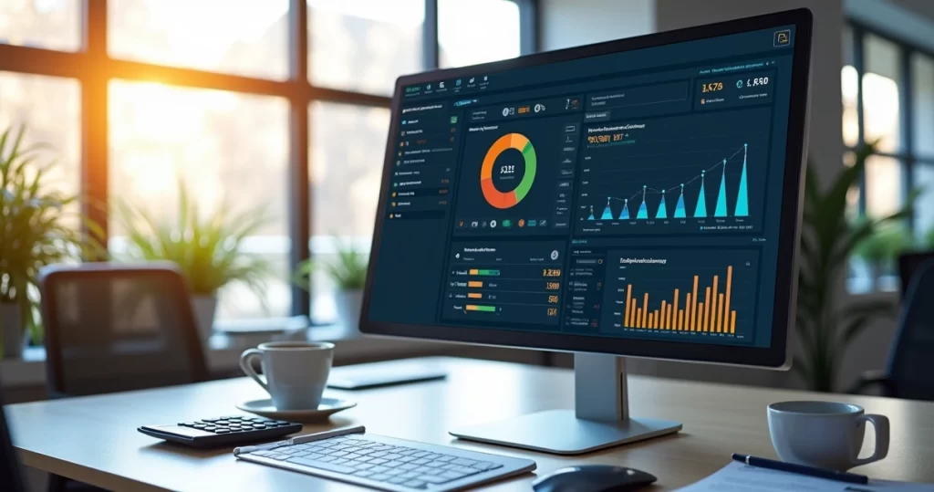 Computador em mesa moderna exibindo software ERP com gráficos de controle fiscal em ambiente de escritório iluminado