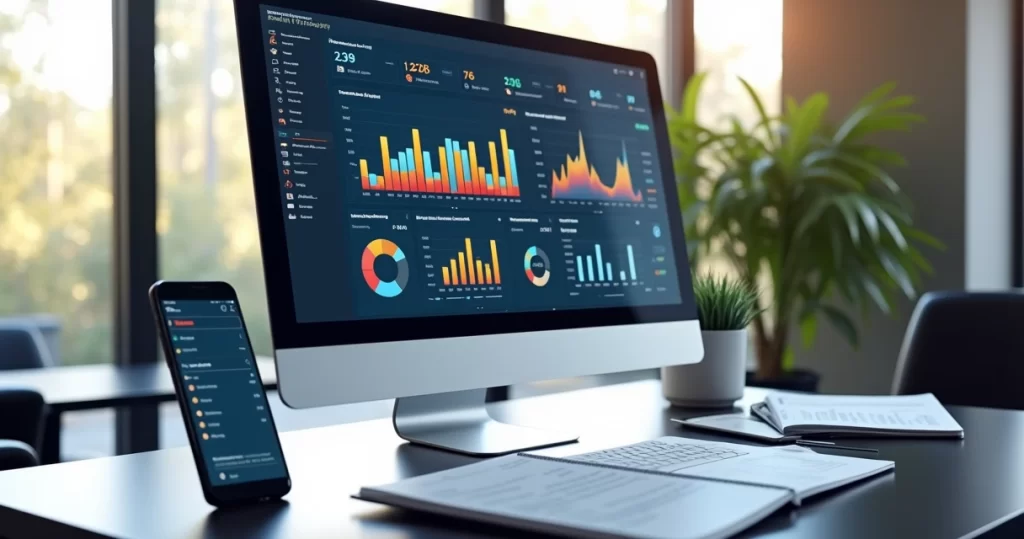 Painel de controle de sistema ERP mostrando gráficos de estoque, vendas e finanças em tela digital