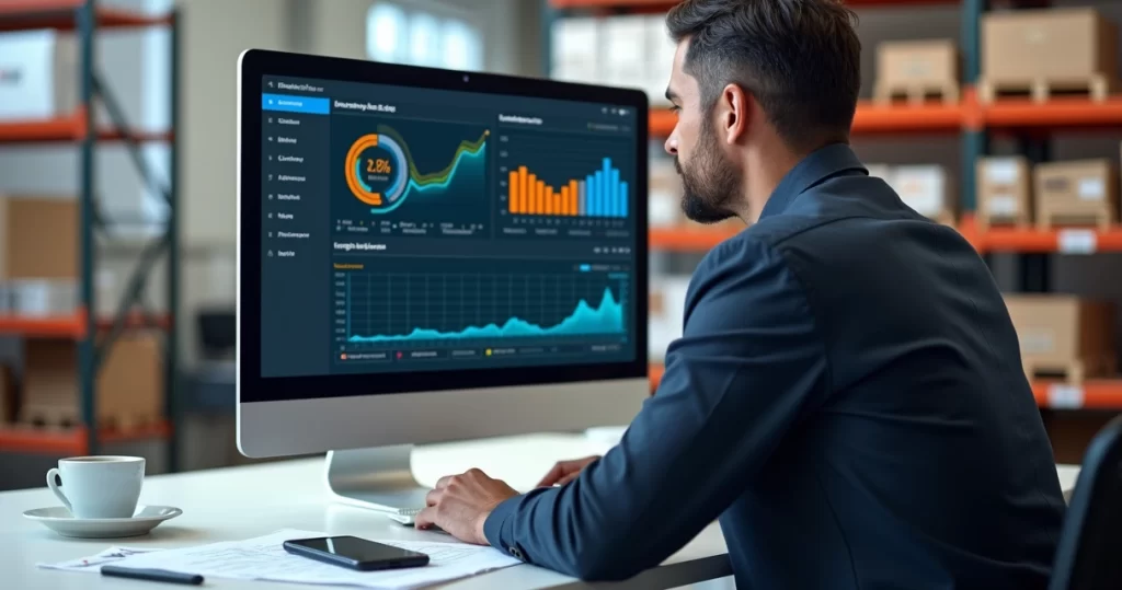 Gestor usando sistema digital integrado para controle de vendas e estoque em tela de computador com gráficos e tabelas detalhadas