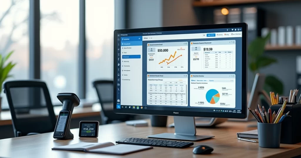 Sistema ERP em tela de computador integrando vendas, estoque e financeiro de varejo