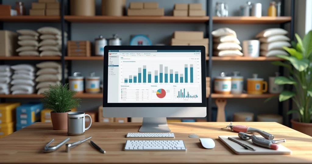 Computador com sistema ERP aberto mostrando controle de estoque e gráficos de vendas para loja de materiais de construção