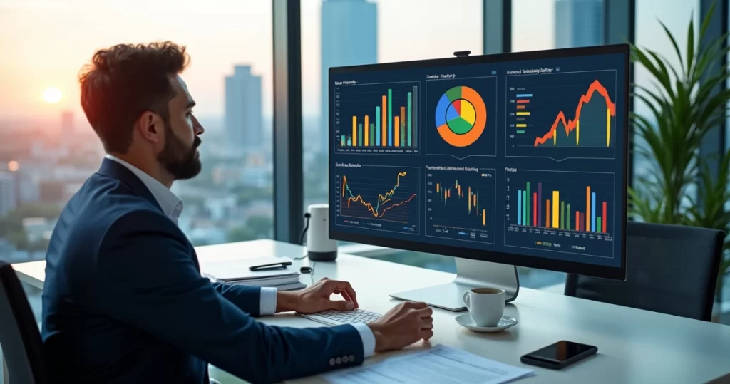 Homem analisando gráficos e dados financeiros em computador no escritório moderno