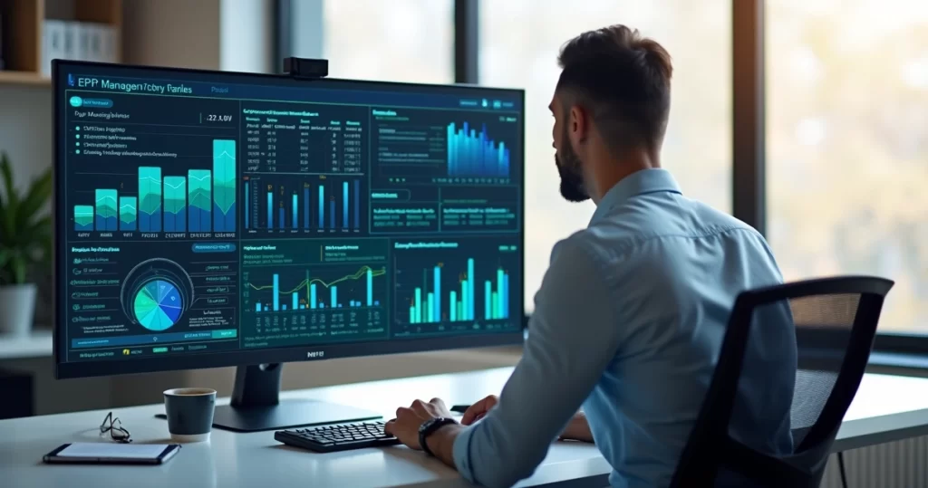 Gestor analisando relatórios gerenciais em tela de computador moderno com gráficos e dados financeiros detalhados