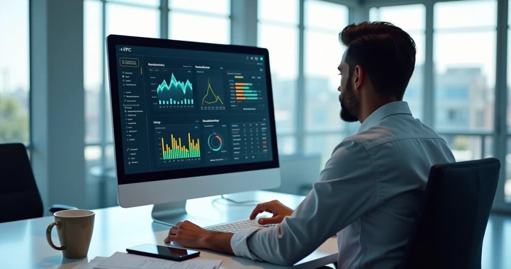 Gestor em escritório moderno verificando tela do sistema ERP financeiro integrado