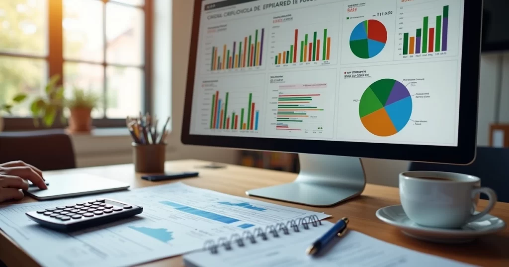 Relatórios financeiros detalhados e gráficos de análise de dados em computador de escritório