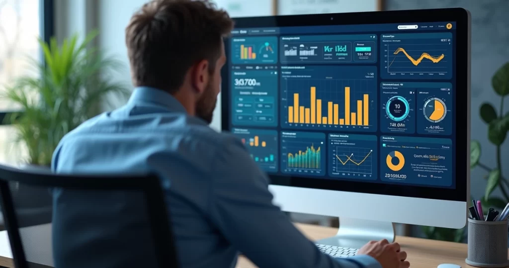 Gestor empresarial analisando dados integrados de ERP em tela moderna com gráficos e automação