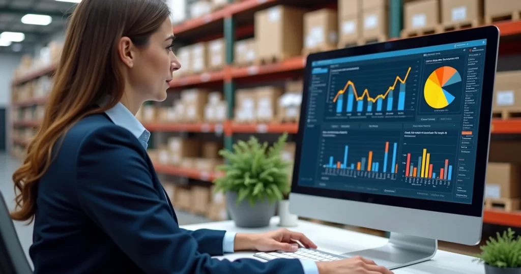 Gestor usando sistema ERP em computador para controle de estoque em empresa pequena com estoque organizado ao fundo