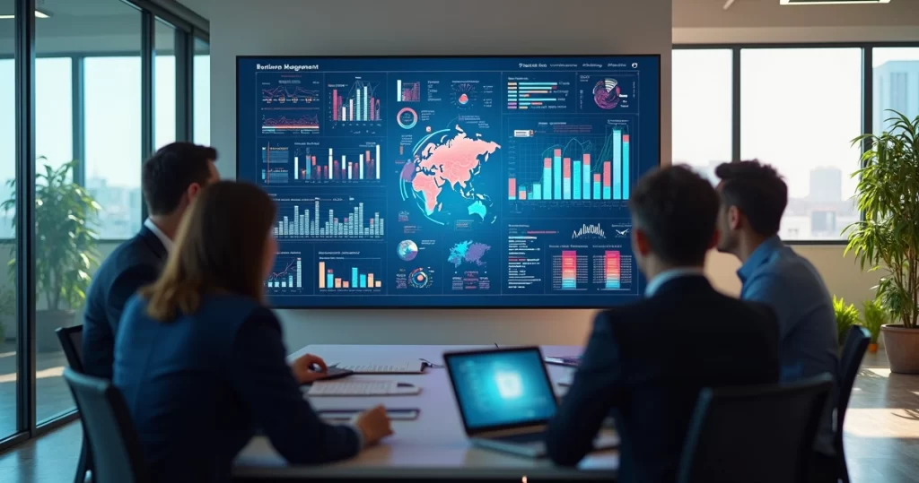 Equipe de profissionais em reunião com tela digital mostrando gráficos e dados empresariais