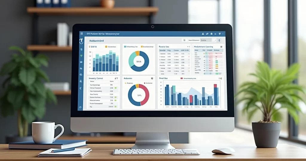 Dashboard de sistema ERP mostrando gráficos financeiros, controle de estoque e vendas em tela de computador com escritório moderno ao fundo