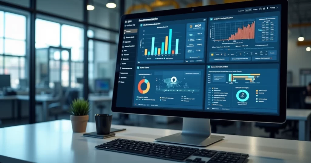 Tela de computador mostrando sistema ERP com gráficos de produção, finanças e estoque integrados em ambiente industrial moderno