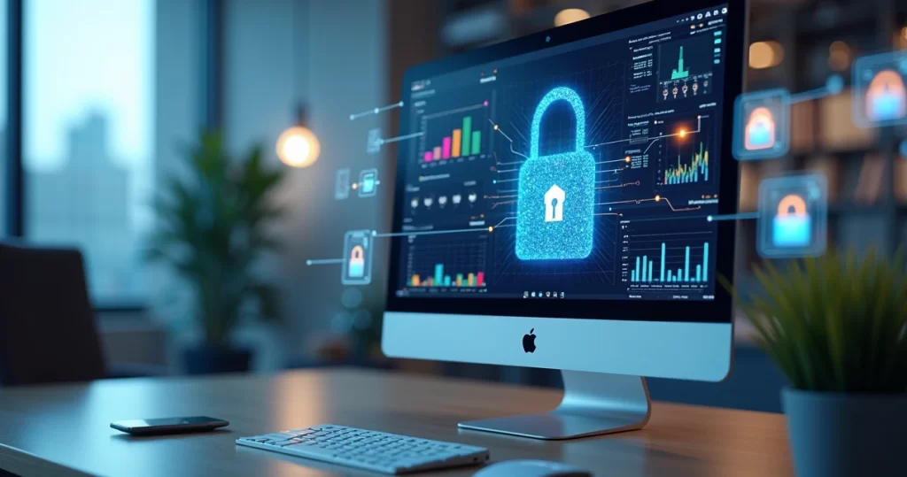 Computador mostrando sistema ERP com cadeado digital e gráficos de segurança ao redor