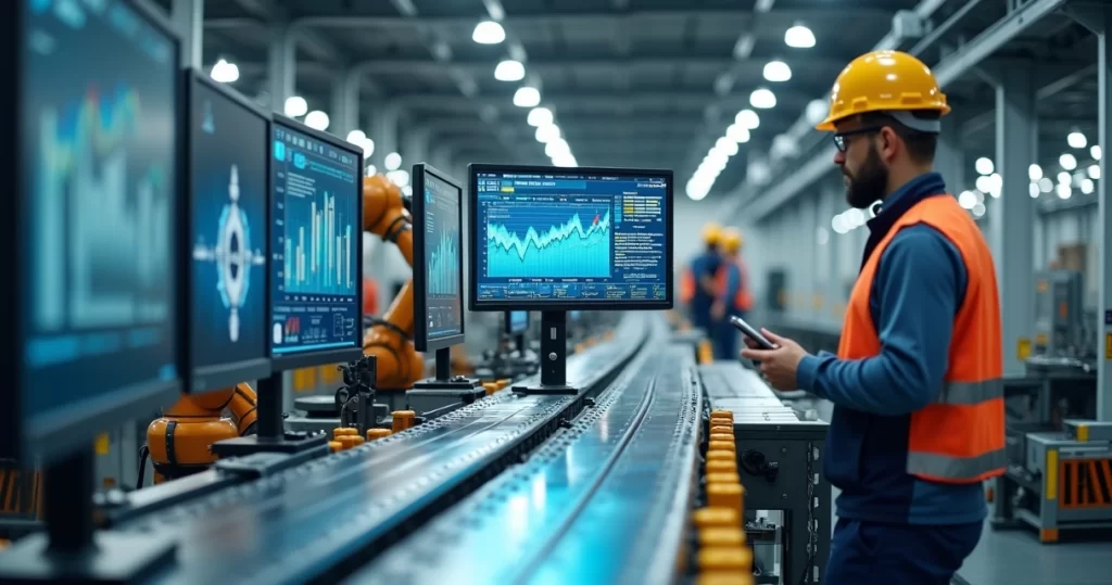 Linha de produção industrial automatizada com robôs colaborativos e telas de controle em tempo real