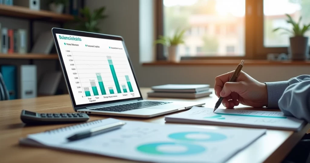 Gestor analisando balanço patrimonial em notebook com planilha financeira na tela