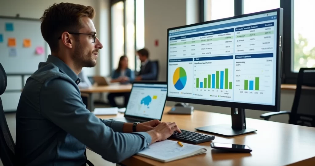 Gestor analisando painel financeiro em sistema ERP no computador