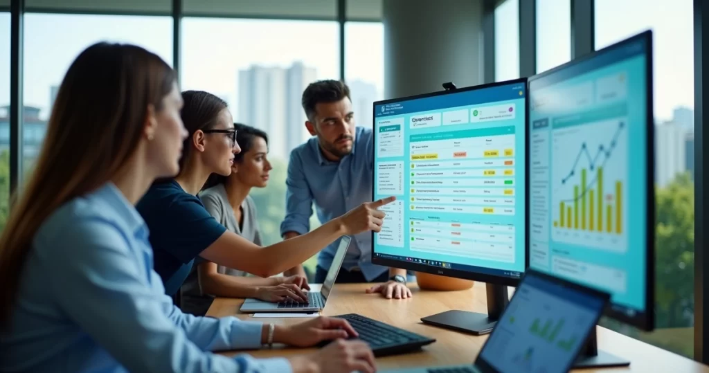 Painel de CRM com funil de vendas e dados de clientes em tela grande em escritório moderno
