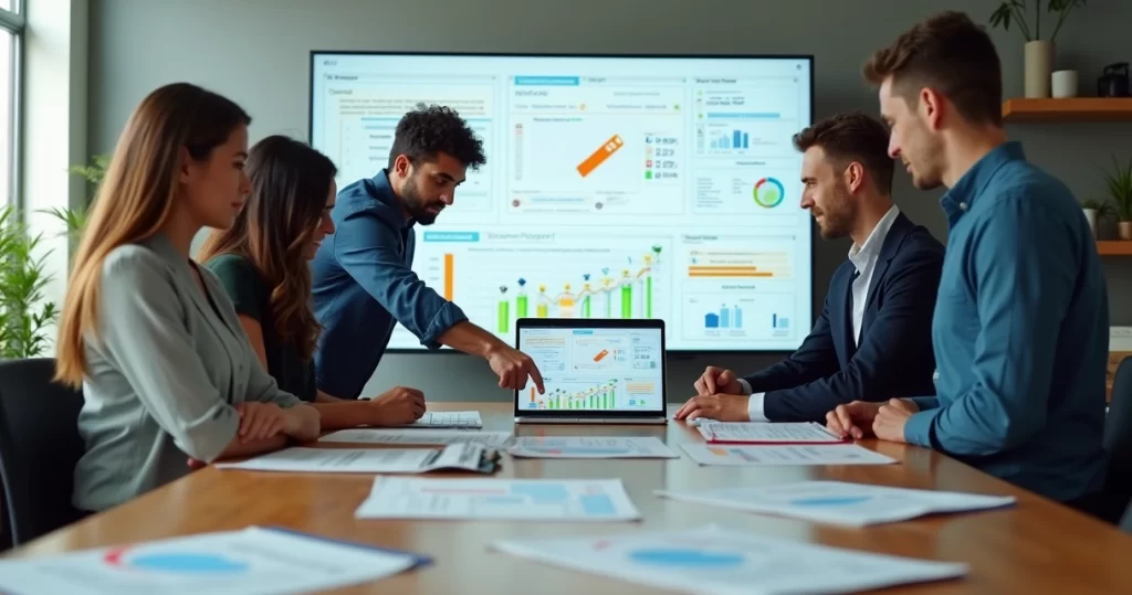 Gestores analisando painel de gestão com fluxos automatizados e redução de retrabalho