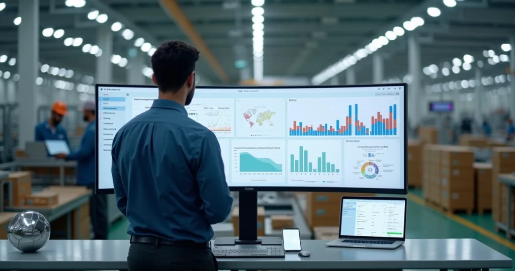Gestor industrial analisando painel de ERP em fábrica moderna