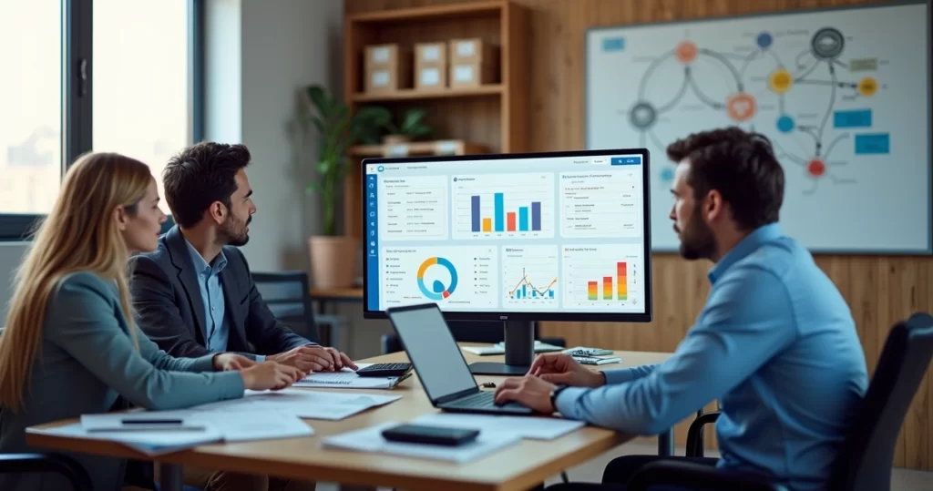 Equipe de pequena empresa analisando painel de ERP em computador