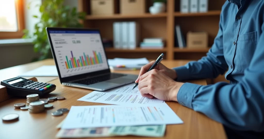 Gestor conferindo fechamento de caixa com computador, dinheiro e comprovantes sobre a mesa