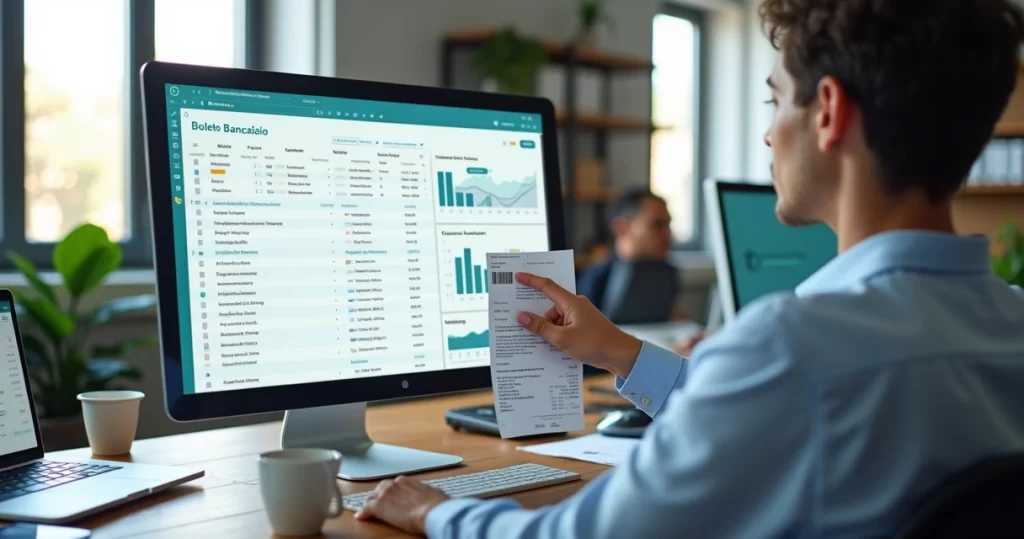 Gestor analisando boletos bancários na tela do ERP em escritório moderno