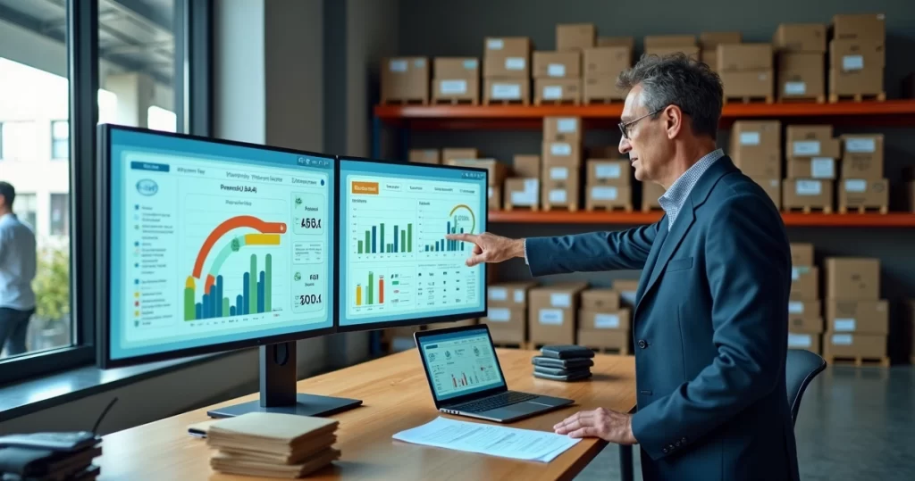 Gestor analisando painel de estoque integrado ao ERP em pequena empresa