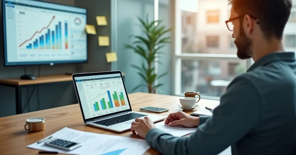 Gestor analisando dashboard financeiro em notebook sobre a mesa do escritório