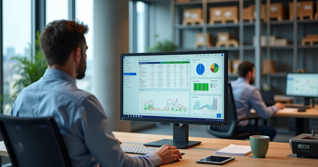 Gestor acompanhando pedidos e vendas integrados em sistema ERP na tela do computador
