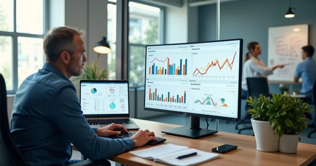 Gestor analisando indicadores de desempenho em painel de KPIs na tela do computador