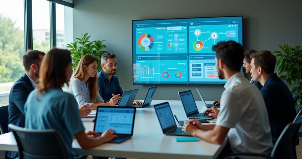 Gestores analisando painel de ERP integrando vendas estoque financeiro e produção