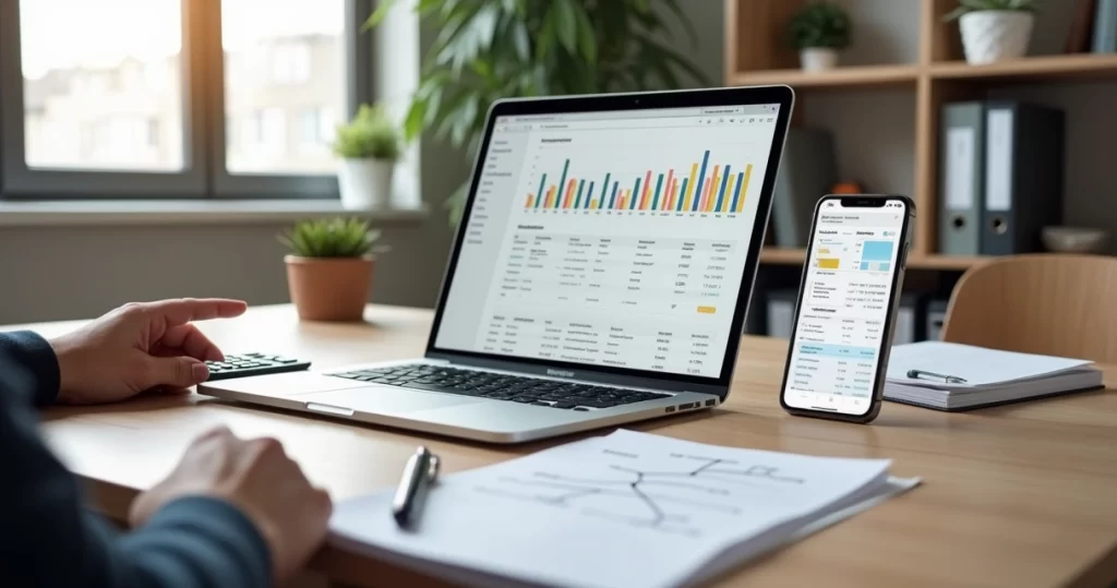 Gestor analisando plano de contas em sistema ERP no notebook