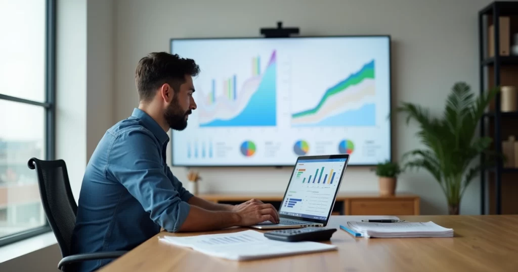 Gestor analisando gráficos de custos fixos e variáveis em um escritório moderno