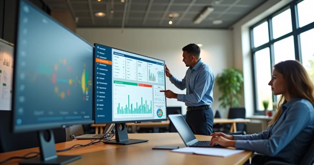 Gestores analisando painel de ERP completo em escritório moderno