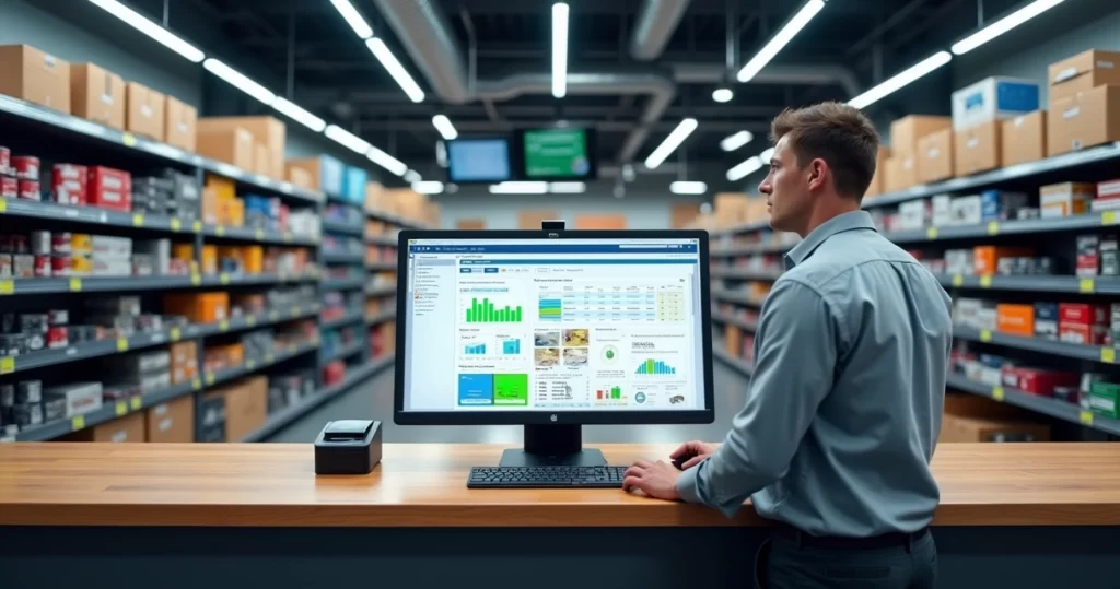 Gestor de loja de autopeças usando sistema ERP em frente ao estoque organizado