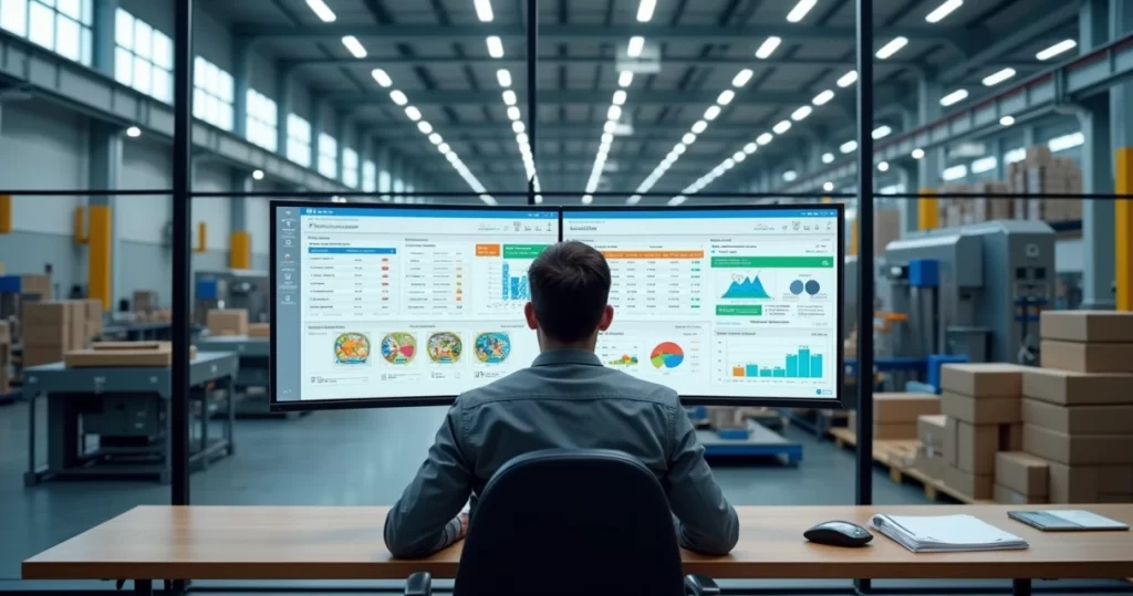Gestor analisando painel de ERP em fábrica moderna com linha de produção ao fundo