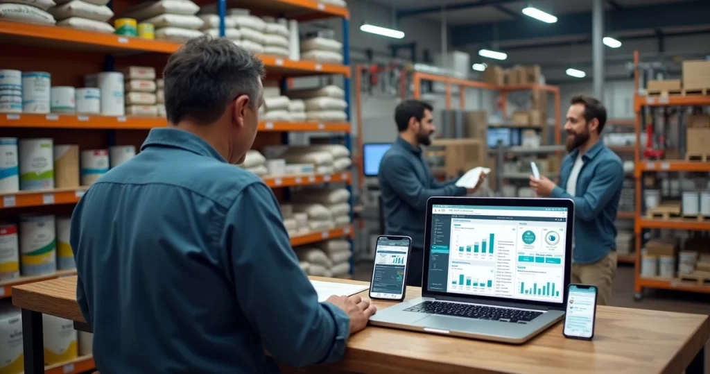 Gestor em loja de materiais de construção usando sistema ERP em notebook com estoque ao fundo