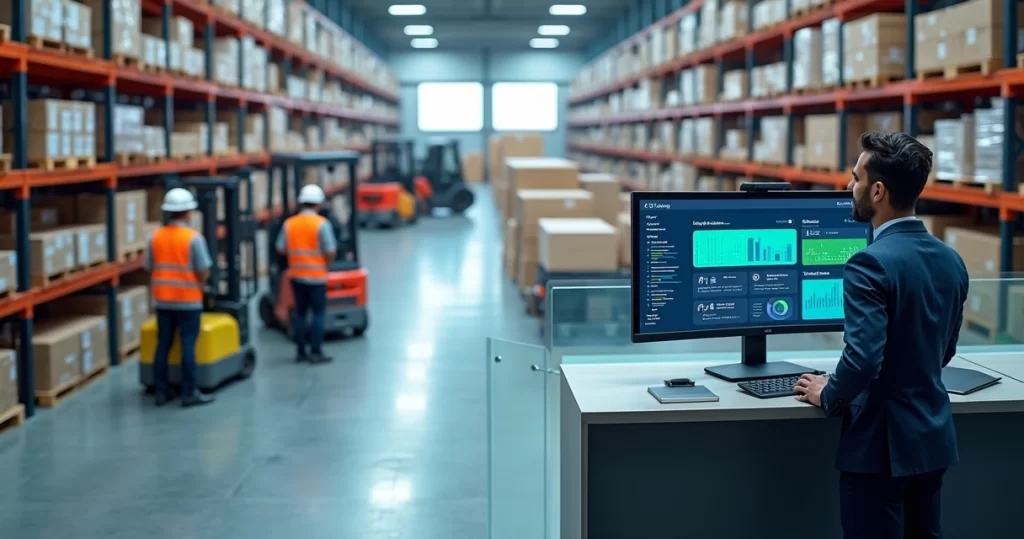 Gestor analisando painel de ERP com estoque e logística em distribuidora