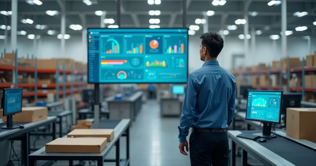 Gestor observando painel de ERP em chão de fábrica moderna