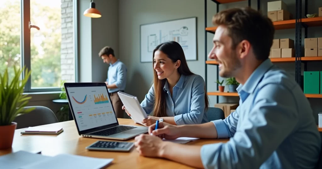 Empreendedores de pequena empresa usando sistema ERP em notebook para organizar gestão