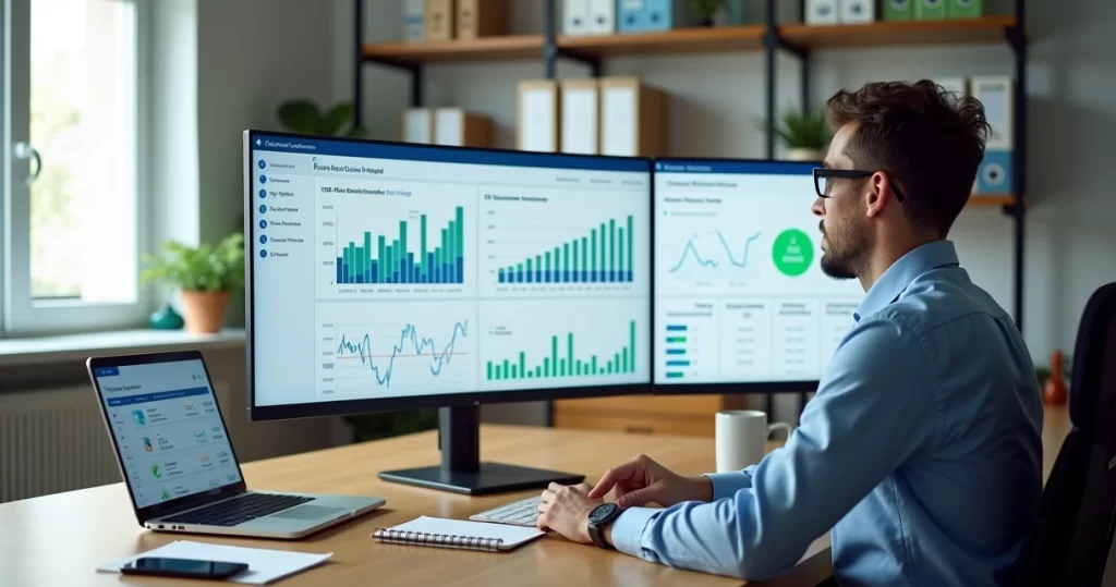 Empresário analisa fluxo de caixa em dashboard financeiro integrado ao ERP