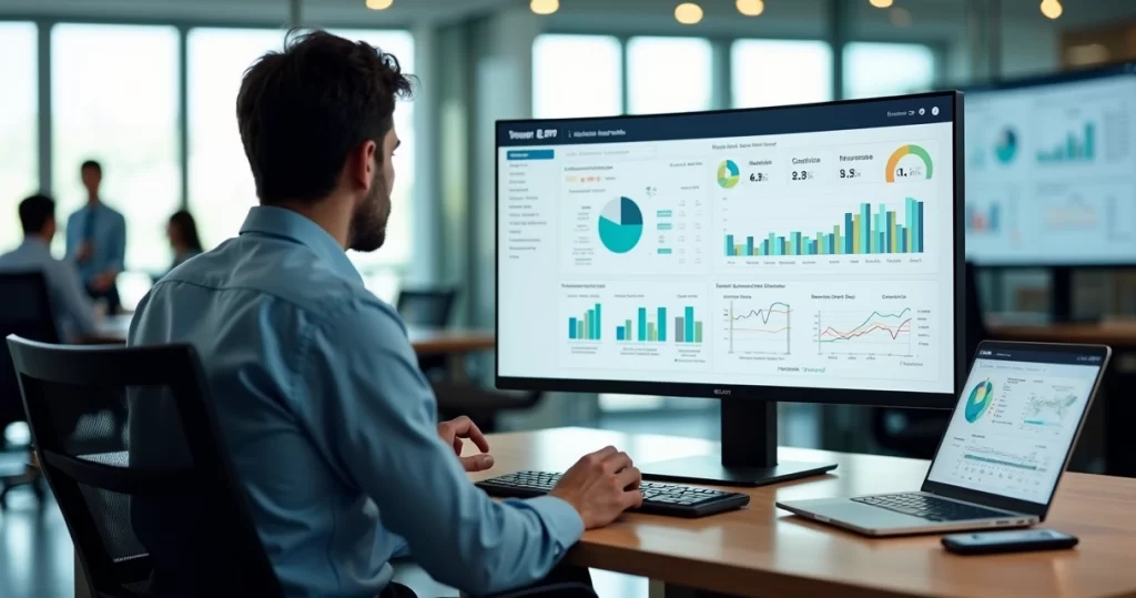 Gestor analisando painel de sistema ERP com setores integrados na tela