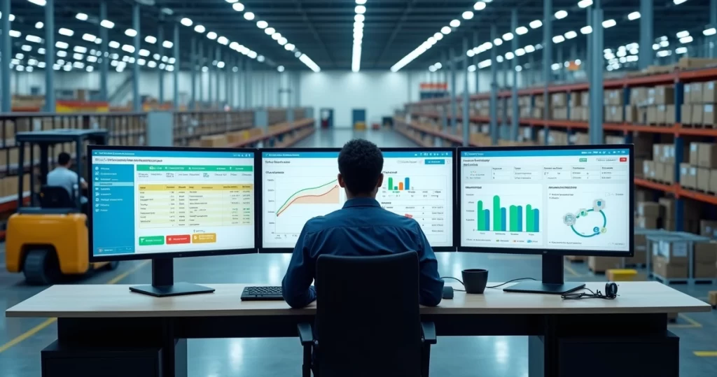 Gestor analisa painel integrado de produção e estoque em fábrica moderna