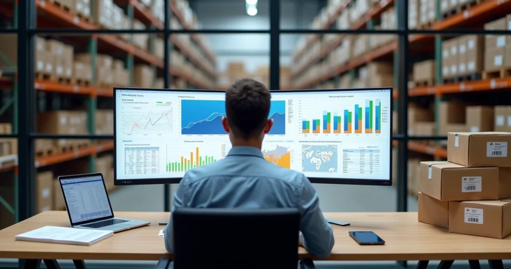 Gestor analisa indicadores de estoque e gráficos de previsão de compras em tela de computador