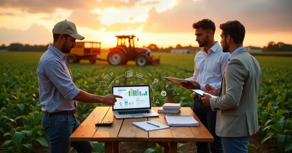 Produtor rural e contador analisando reforma tributária do agro em fazenda moderna