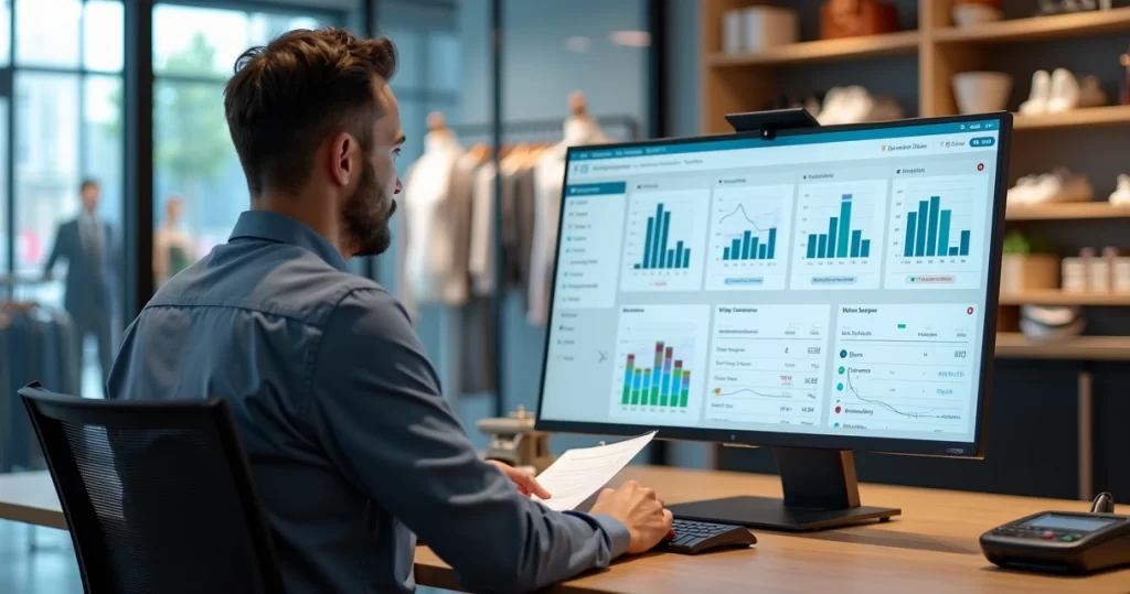 Gestor analisando sistema para loja de varejo com painel de vendas e estoque em tela grande