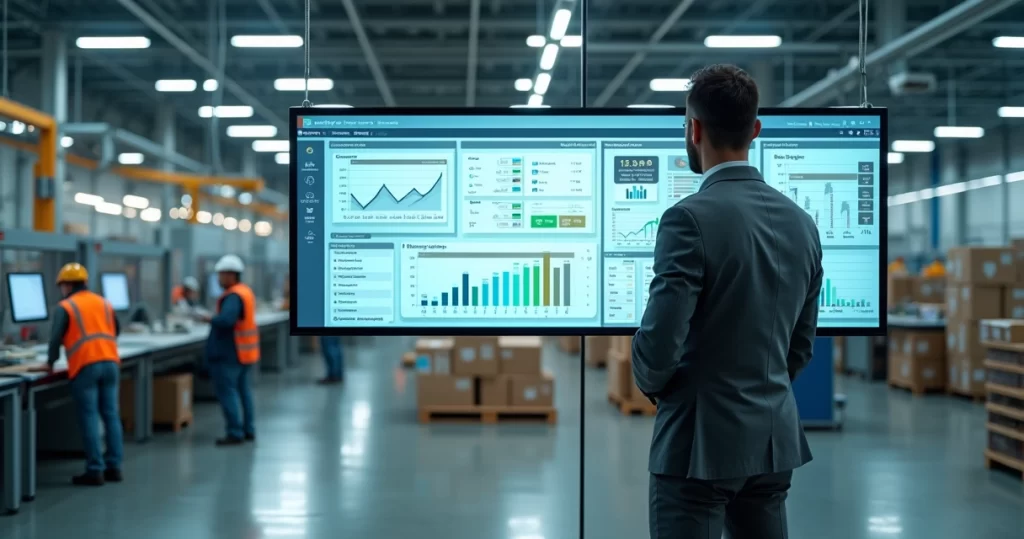 Gestor em fábrica usando sistema ERP em tela grande com dados de produção e estoque