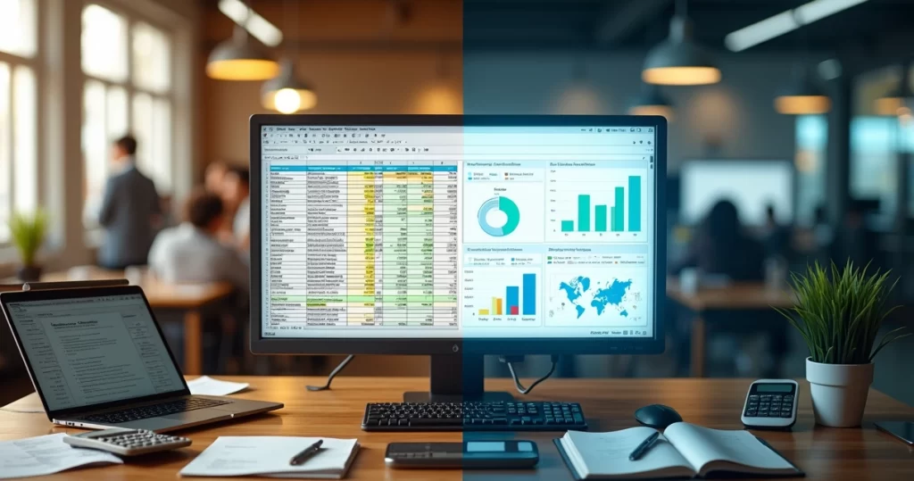 Comparação visual entre gestão por planilhas e sistema ERP em tela dividida