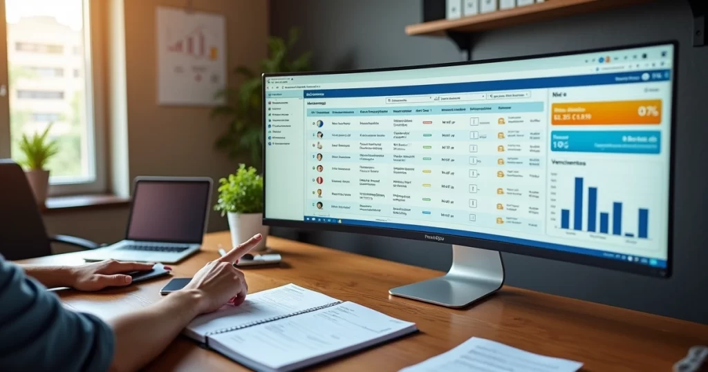 Gestor analisando notas fiscais digitais em sistema ERP na tela do computador