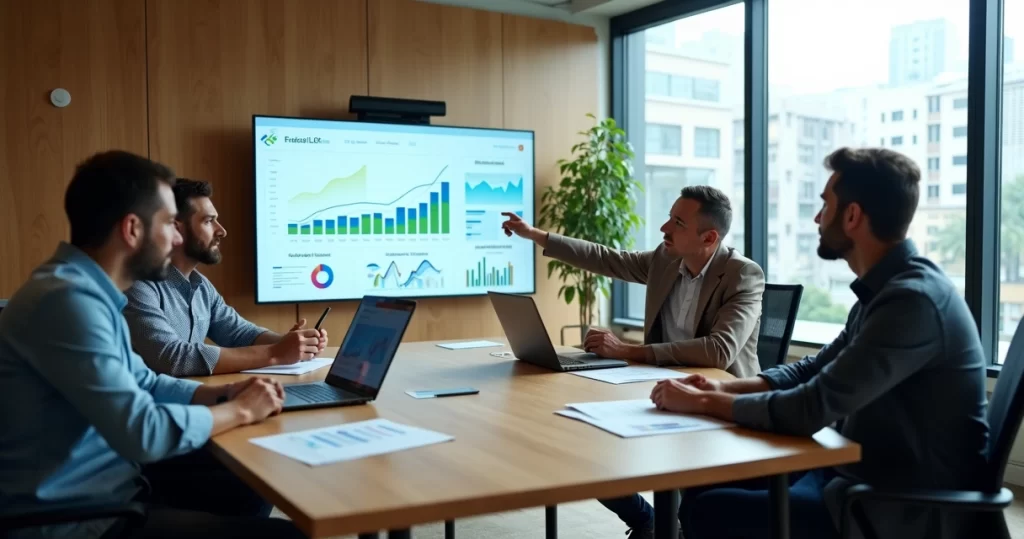 Equipe de pequena empresa analisando gráficos de crescimento em tela com painel de controle digital